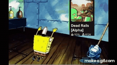 A Cartoon Of Spongebob Cleaning The Floor With A Mop And Dead Rails Alpha On The Wall Behind Him GIF