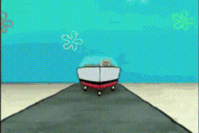 A Cartoon Of Spongebob Driving A Boat On A Road . GIF