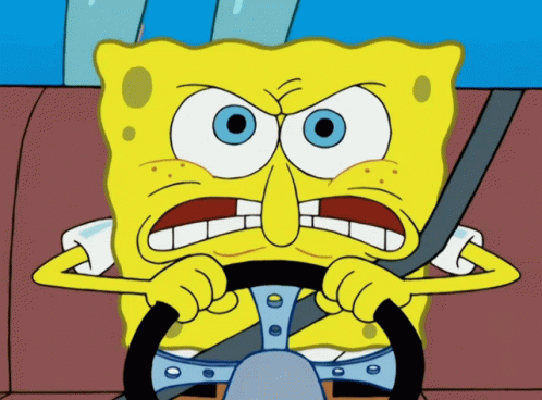 A Cartoon Of Spongebob Driving A Car With A Very Angry Look On His Face GIF