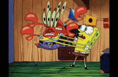 A Cartoon Of Spongebob Fighting A Crab With A Rubber Band GIF