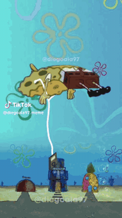 A Cartoon Of Spongebob Floating In The Air With A Balloon GIF