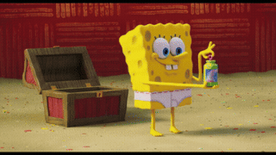 A Cartoon Of Spongebob Holding A Can Of Soda In Front Of A Treasure Chest GIF