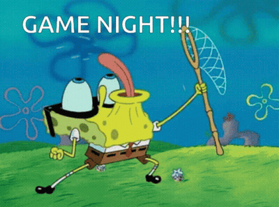 A Cartoon Of Spongebob Holding A Fishing Net With The Words Game Night Below Him GIF