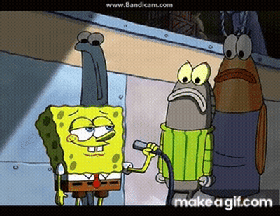 A Cartoon Of Spongebob Holding A Microphone While Standing Next To A Fish . GIF