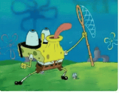 A Cartoon Of Spongebob Holding A Net With His Tongue Out GIF