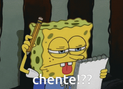 A Cartoon Of Spongebob Holding A Pencil And A Piece Of Paper With The Word Chente Written On It GIF