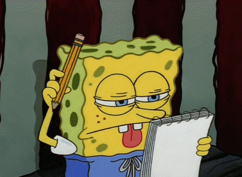 A Cartoon Of Spongebob Holding A Pencil And Writing On A Piece Of Paper GIF