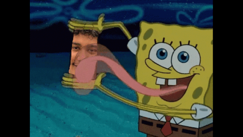 A Cartoon Of Spongebob Holding A Picture Of A Man With His Tongue Out GIF