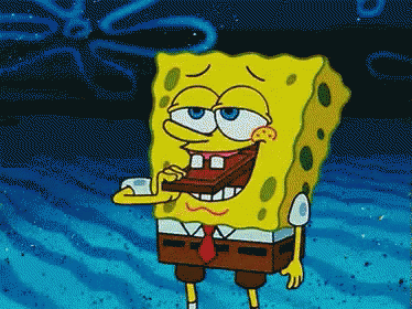 A Cartoon Of Spongebob Holding A Piece Of Chocolate In His Mouth GIF