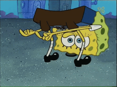 A Cartoon Of Spongebob Holding A Piece Of Wood In His Mouth GIF