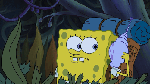 A Cartoon Of Spongebob Holding A Snail Shell In His Hand GIF
