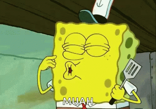 A Cartoon Of Spongebob Holding A Spatula With The Word Muah On It GIF