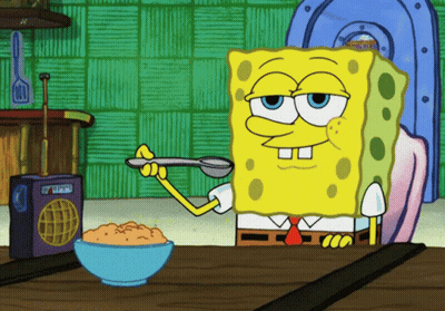 A Cartoon Of Spongebob Holding A Spoon Next To A Bowl Of Food GIF