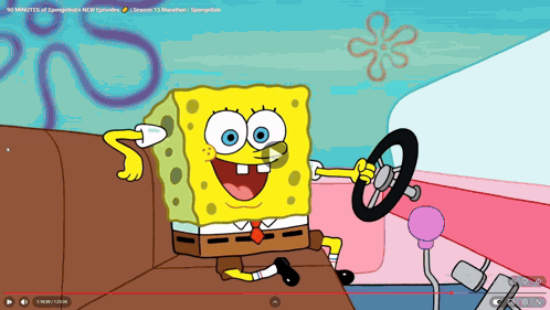 a cartoon of spongebob holding a steering wheel is on a screen
