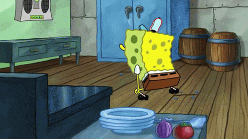 A Cartoon Of Spongebob In A Living Room With A Radio That Says Deejay GIF