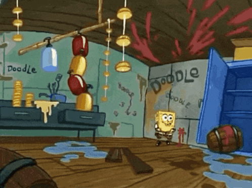 A Cartoon Of Spongebob In A Room With A Sign That Says Doodle GIF