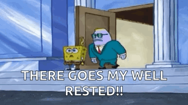 A Cartoon Of Spongebob In A Suit Standing In Front Of A Door . GIF
