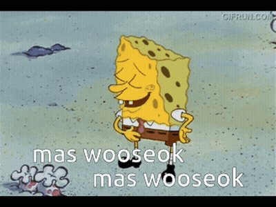 A Cartoon Of Spongebob Laughing With The Words Mas Wooseok GIF