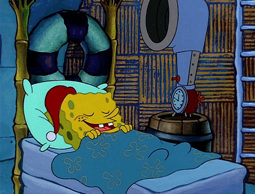 A Cartoon Of Spongebob Laying In Bed With An Alarm Clock GIF
