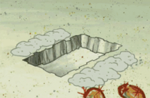 A Cartoon Of Spongebob Laying In The Sand With A Hammer GIF