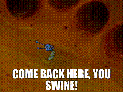 A Cartoon Of Spongebob Laying On A Pillow With The Words Come Back Here You Swine GIF
