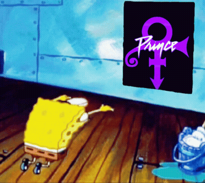 A Cartoon Of Spongebob Laying On The Floor In Front Of A Poster For Prince GIF