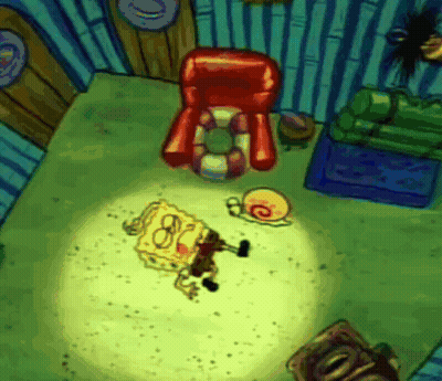 A Cartoon Of Spongebob Laying On The Floor Next To A Chair GIF