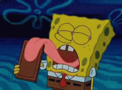A Cartoon Of Spongebob Licking A Chocolate Bar With His Tongue Out GIF