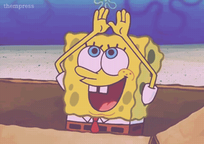 A Cartoon Of Spongebob Making A Funny Face With His Hands In The Air GIF