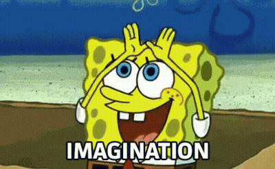 A Cartoon Of Spongebob Making A Funny Face With The Word Imagination Below Him GIF