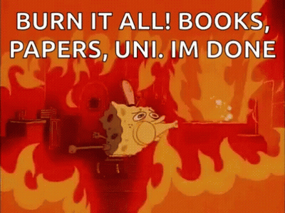 A Cartoon Of Spongebob On Fire With The Words Burn It All Books Papers , Uni . Im Done . GIF