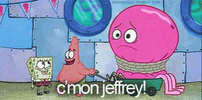 A Cartoon Of Spongebob Patrick And A Pink Octopus With The Words C'mon Jeffrey GIF