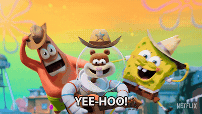 A Cartoon Of Spongebob Patrick And Sandy Cheeks With Yee-Hoo Written On The Bottom GIF