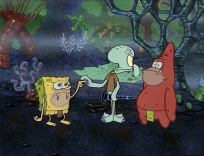 A Cartoon Of Spongebob Patrick And Squidward In A Forest GIF