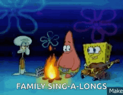 A Cartoon Of Spongebob Patrick And Squidward Singing By A Campfire GIF