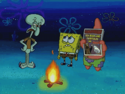 A Cartoon Of Spongebob Patrick And Squidward Standing Around A Fire GIF