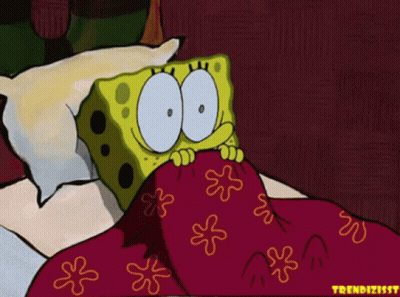 A Cartoon Of Spongebob Peeking Out From Under A Blanket With Flowers On It GIF