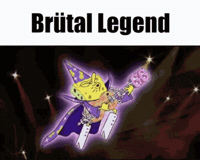 A Cartoon Of Spongebob Playing A Guitar With The Words " Brutal Legend " Above Him GIF