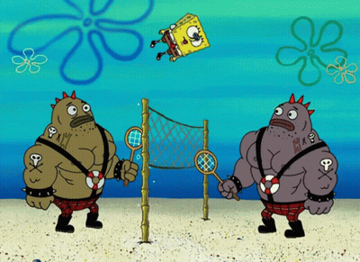 A Cartoon Of Spongebob Playing Volleyball With Two Muscular Fish GIF