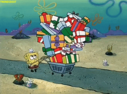A Cartoon Of Spongebob Pushing A Cart Full Of Presents GIF