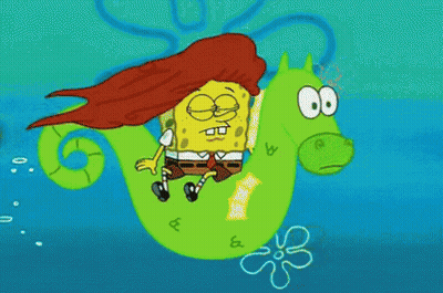 A Cartoon Of Spongebob Riding On The Back Of A Seahorse GIF