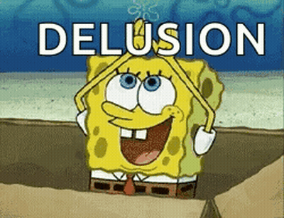 A Cartoon Of Spongebob Saying Delusion With His Arms In The Air GIF