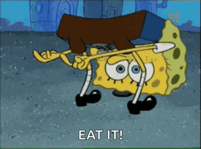A Cartoon Of Spongebob Saying " Eat It " While Holding A Piece Of Wood GIF