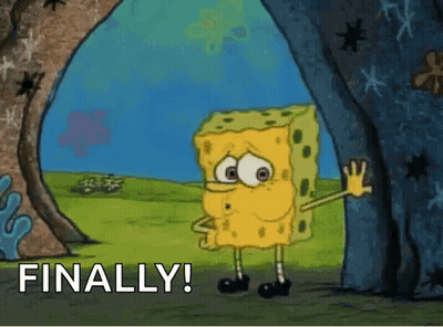 A Cartoon Of Spongebob Saying " Finally " In A Cave GIF