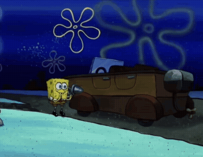 A Cartoon Of Spongebob Saying Hi Boaty In Front Of A Brown Car GIF