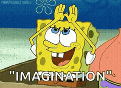 A Cartoon Of Spongebob Saying " Imagination " Next To Another Cartoon Character GIF