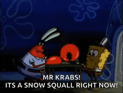 A Cartoon Of Spongebob Saying Mr Krabs It 'S A Snow Squall Right Now GIF