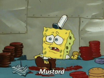 A Cartoon Of Spongebob Saying Mustard In Front Of A Table Full Of Cookies GIF