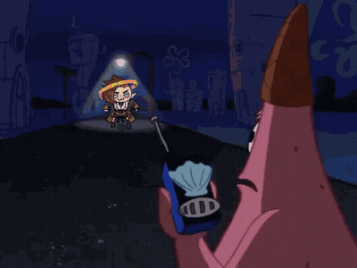 A Cartoon Of Spongebob Saying She 'S Just Standing There While Holding A Flashlight GIF