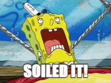 A Cartoon Of Spongebob Saying " Soiled It " With A Knife In His Mouth GIF